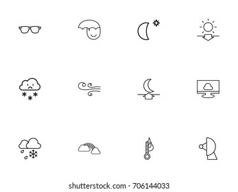 Set Of 12 Editable Weather Outline Icons. Includes Symbols Such As Temperature, Snowing, Moon With Star And More. Can Be Used For Web, Mobile, UI And Infographic Design.