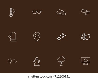Set Of 12 Editable Weather Outline Icons. Includes Symbols Such As Snow Person, Warm, Pinpoint And More. Can Be Used For Web, Mobile, UI And Infographic Design.