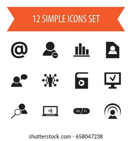 Set Of 12 Editable Web Icons. Includes Symbols Such As Computer, Song List, Wifi And More. Can Be Used For Web, Mobile, UI And Infographic Design.