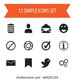 Set Of 12 Editable Web Icons. Includes Symbols Such As Tag, Profile, Letter And More. Can Be Used For Web, Mobile, UI And Infographic Design.