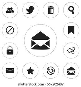 Set Of 12 Editable Web Icons. Includes Symbols Such As Recycle Bin, Gear, Magnifier And More. Can Be Used For Web, Mobile, UI And Infographic Design.