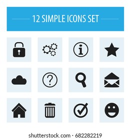 Set Of 12 Editable Web Icons. Includes Symbols Such As Gear, Recycle Bin, Sky And More. Can Be Used For Web, Mobile, UI And Infographic Design.