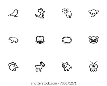 Set of 12 editable zoology icons line style. Includes symbols such as butterfly, bear, dromedary and more. Can be used for web, mobile, UI and infographic design.