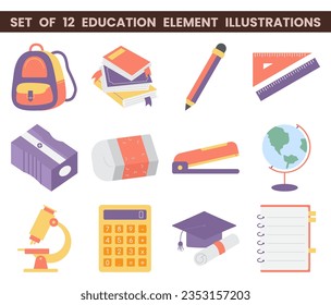 Set of 12 education element illustrations. Vector illustration with education theme. Back to school.