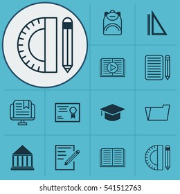 Set Of 12 Education Icons. Includes Education Tools, Taped Book, Education Center And Other Symbols. Beautiful Design Elements.