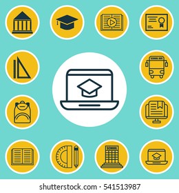 Set Of 12 Education Icons. Includes Haversack, Taped Book, Measurement And Other Symbols. Beautiful Design Elements.