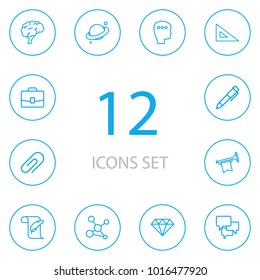 Set of 12 education icons line style set. Collection of pin, discussion, measurement and other elements.