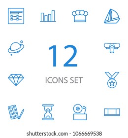 Set of 12 education icons line style set. Collection of galaxy, geography, chart and other elements.