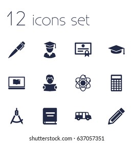 Set Of 12 Education Icons Set.Collection Of Magnet Navigator, Ink, Notebook And Other Elements.