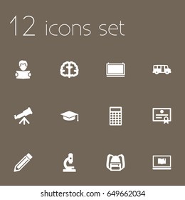 Set Of 12 Education Icons Set.Collection Of Notebook, Microbiology, Certificate And Other Elements.