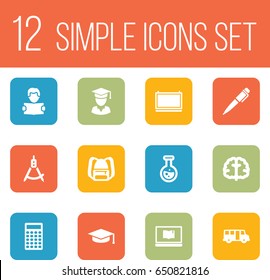 Set Of 12 Education Icons Set.Collection Of Reading, Notebook, Magnet Navigator And Other Elements.