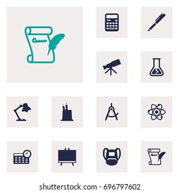 Set Of 12 Education Icons Set.Collection Of Pen Holder, Blackboard, Table Light And Other Elements.