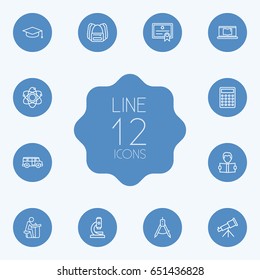 Set Of 12 Education Outline Icons Set.Collection Of Laptop, Calculator, Compass And Other Elements.