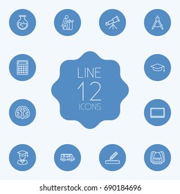 Set Of 12 Education Outline Icons Set.Collection Of Ruler, Test Tube, Bus And Other Elements.