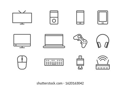 Set of 12 electronic devices. Vector flat style black icons. TV, MP3, Smartphone, gamepad, smart watch and other gadgets. Vector icon isolated on white