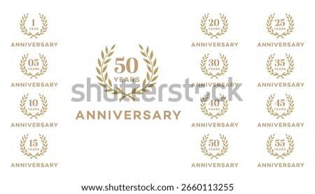 Set of 12 elegant gold anniversary logos. Each features a laurel wreath design and the number of years. Ideal for celebrating company milestones, birthdays, or special events. Numbers include: 1, 5...