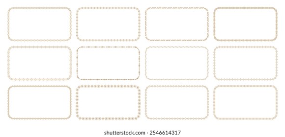 Un conjunto de 12 elegantes marcos rectangulares dorados con diseños ornamentados, perfectos para invitaciones sofisticadas, certificados y proyectos de obras de arte decorativas.