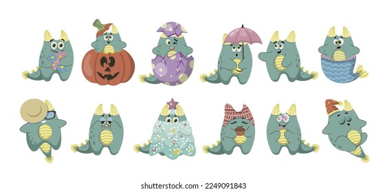 
Conjunto de 12 dragones emocionales. Clipart, aísle sobre un fondo blanco. dragones, diferentes emociones. Ilustración vectorial.