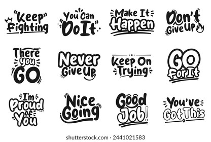 Set of 12 encouraging phrases stickers pack, black lettering typography 