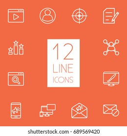 Set Of 12 Engine Outline Icons Set.Collection Of Video Marketing, Web Design, Goal And Other Elements.