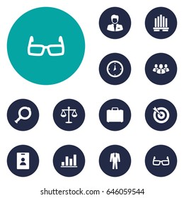 Set Of 12 Enterprise Icons Set.Collection Of Diagram, Spectacles, Loupe And Other Elements.