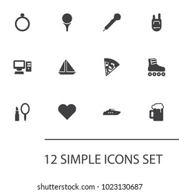 Set of 12 entertainment icons set. Collection of diamond ring, PC, rolling and other elements.