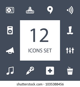 Set of 12 entertainment icons set. Collection of quaver, bullhorn, on air and other elements.