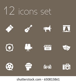 Set Of 12 Entertainment Icons Set.Collection Of Camera, Photography, Pass And Other Elements.
