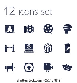 Set Of 12 Entertainment Icons Set.Collection Of Hall, Cyberspace, Beverage And Other Elements.