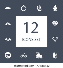 Set Of 12 Entertainment Icons Set.Collection Of Education, Roller Skates, Surfing And Other Elements.