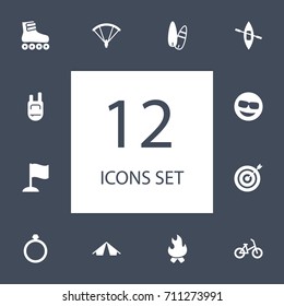 Set Of 12 Entertainment Icons Set.Collection Of Finish, Bicycle, Canoe And Other Elements.