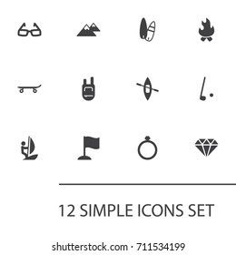 Set Of 12 Entertainment Icons Set.Collection Of Canoe, Bonfire, Sport And Other Elements.