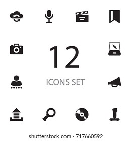 Set Of 12 Entertainment Icons Set.Collection Of Notebook, Tag, Account And Other Elements.