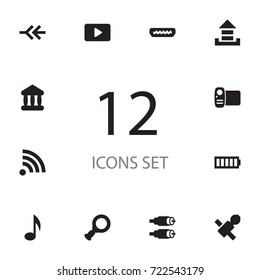 Set Of 12 Entertainment Icons Set.Collection Of Camcorder, Satellite, Quaver And Other Elements.