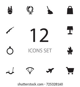 Set Of 12 Entertainment Icons Set.Collection Of Pushcart, Backpack, Jewellery And Other Elements.