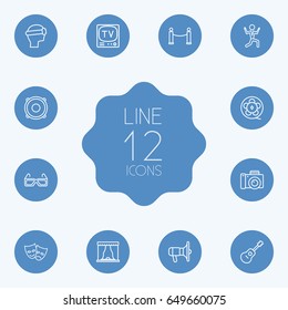 Set Of 12 Entertainment Outline Icons Set.Collection Of Film Role, Barrier Rope, Theater And Other Elements.