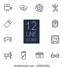 Set Of 12 Entertainment Outline Icons Set.Collection Of Tv Set, Game Controller, Film Role And Other Elements.