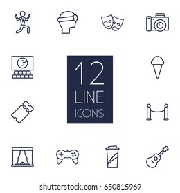 Set Of 12 Entertainment Outline Icons Set.Collection Of Soft Drink, Ticket, Ice Cream And Other Elements.