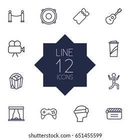 Set Of 12 Entertainment Outline Icons Set.Collection Of Ticket, Movie Cam, Theater And Other Elements.