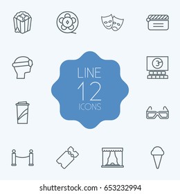 Set Of 12 Entertainment Outline Icons Set.Collection Of Theater, Vr Helmet, Clapperboard And Other Elements.