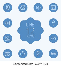 Set Of 12 Entertainment Outline Icons Set.Collection Of Theater, Popcorn, Movie Cam And Other Elements.