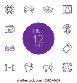 Set Of 12 Entertainment Outline Icons Set.Collection Of Bullhorn, Film Role, Vr Helmet And Other Elements.
