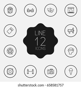Set Of 12 Entertainment Outline Icons Set.Collection Of Bullhorn, 3D Glasses, Ice Cream And Other Elements.
