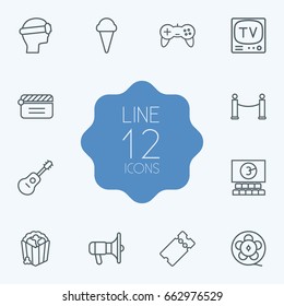 Set Of 12 Entertainment Outline Icons Set.Collection Of Barrier Rope, Clapperboard, Film Role And Other Elements.