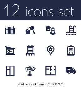 Set Of 12 Estate Icons Set.Collection Of Truck, Pin, Plan And Other Elements.