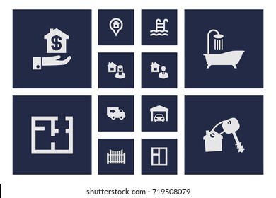 Set Of 12 Estate Icons Set.Collection Of Plan, Car, Bath And Other Elements.