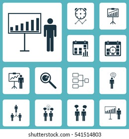 Set Of 12 Executive Icons. Includes Project Presentation, Report Demonstration, Special Demonstration And Other Symbols. Beautiful Design Elements.