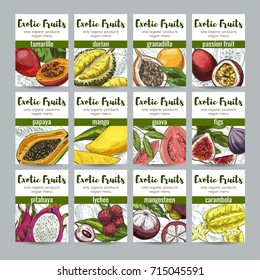 Set of 12 exotic fruits posters, hand drawn vector  full color realistic sketch. tamarillo; durian; granadilla; passion; guava; papaya; mango; fig; pitahaya; lychee; mangosteen; carambola