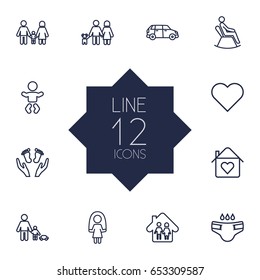 Set Of 12 Family Outline Icons Set.Collection Of Skipping Rope, Parents, Playing And Other Elements.