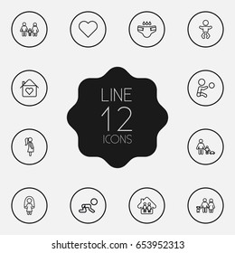 Set Of 12 Family Outline Icons Set.Collection Of Skipping Rope, Baby, Playing And Other Elements.